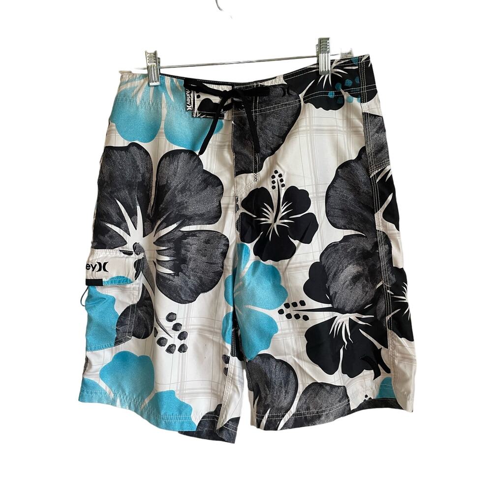 Hurley Men’s Sz 30 Board Shorts Blue Black White Swim Trunks Hawaiian Floral